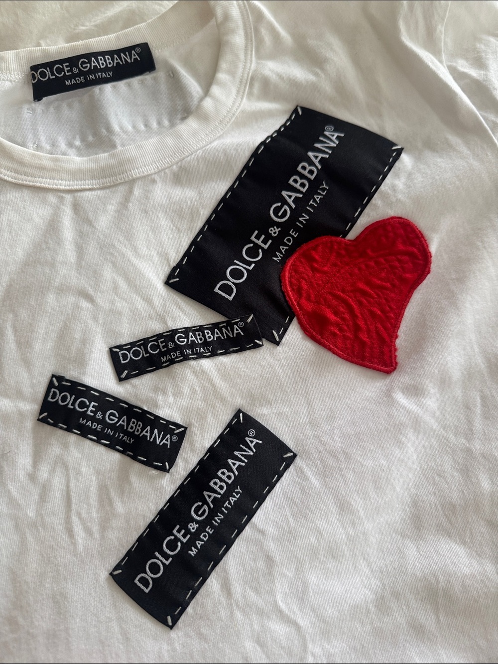 Dolce & Gabbana White Crewneck Tee with Black Logo Tabs & Red Heart - Picture 2 of 7